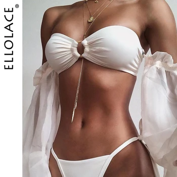 

Ellolace Sexy Bandeau Bikini Set Off Shoulder Puff Long Sleeve Swimwear Women Biquini White Bathing Suit 2020 Swimsuit Wholesale