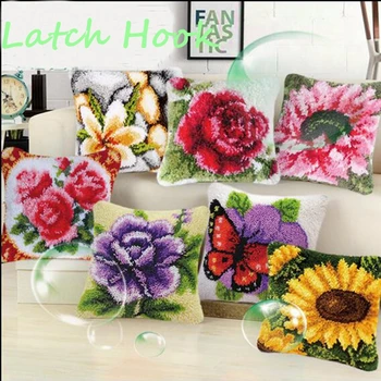

Latch Hook Kits Cushion Pillow Foamiran Needlework Crochet Latch Hook Rug Canvas Flower Embroidery Carpet Cross Stitch Unfinish