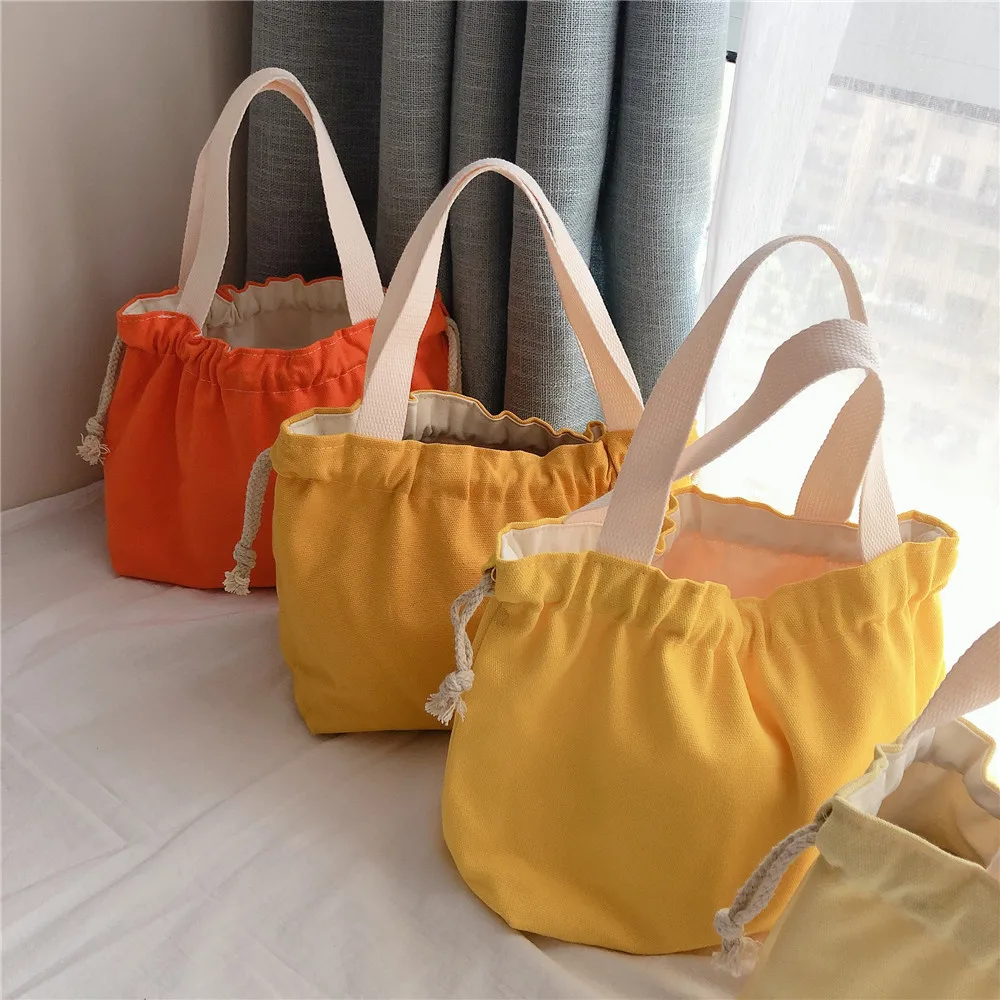 Japanese  Canvas Lunch Bag Thick  Lining Lunch Box Tote  Drawstring Hand Bag  Cute Picnic Dinner Container Food Storage Bags