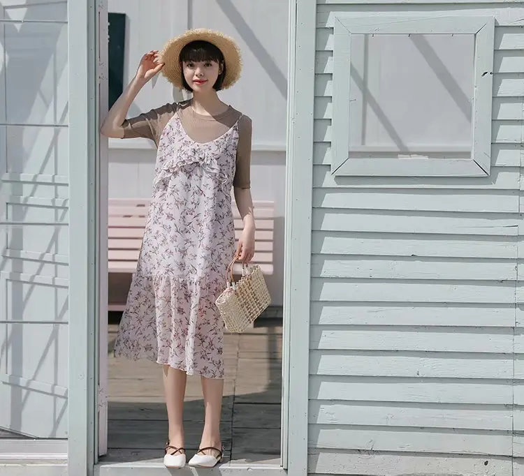 

WOMEN'S Dress Spring And Summer New Style Pastoral Style Floral-Print Versatile Dress Chiffon Slimming Mid-length Strapped Dress