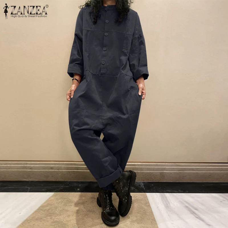 Women's 2023 ZANZEA Vintage Drop Crotch Jumpsuits Spring Pants Casual Long Sleeve Playsuits Female Solid Button Romper
