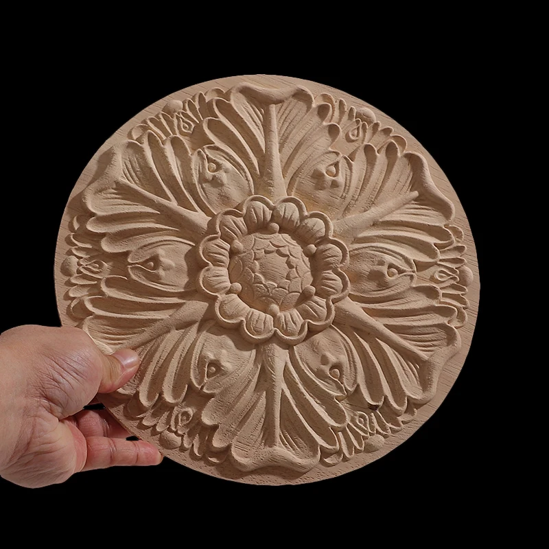 Round Flower Natural Wood Appliques Furniture Wooden Mouldings Vintage Unpainted Accessories Decoration Decal