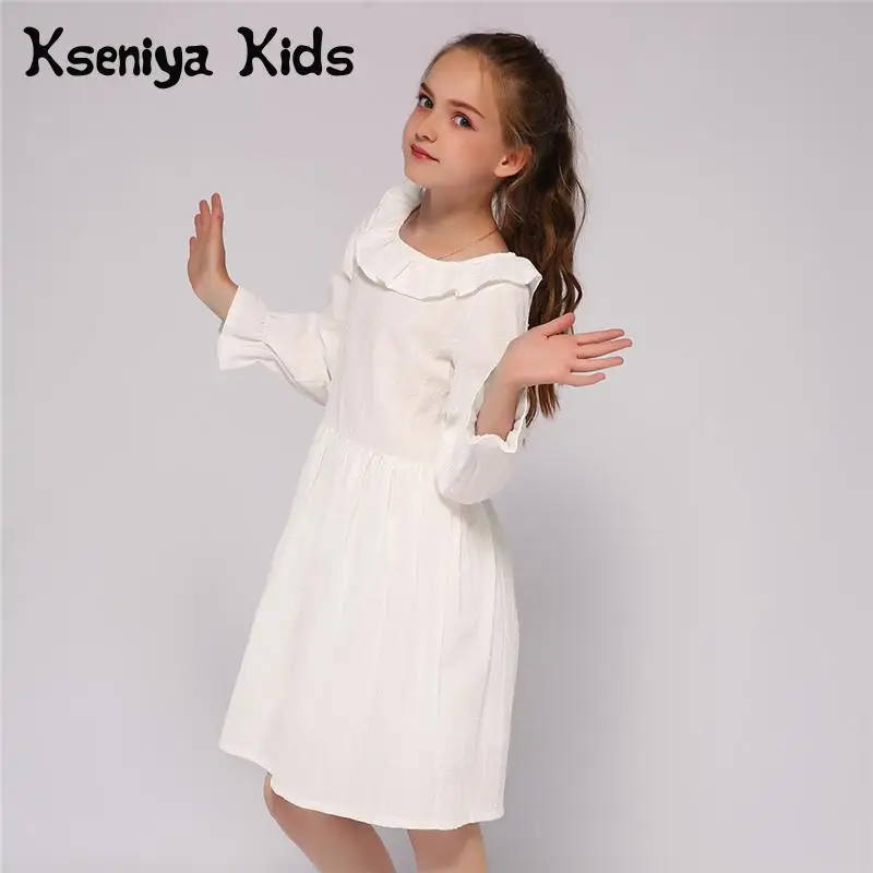 

Kseniya Kids Spring Autumn White Ruffle Collar Long Sleeve Girls Baptism Dress For 2 to 9 Years