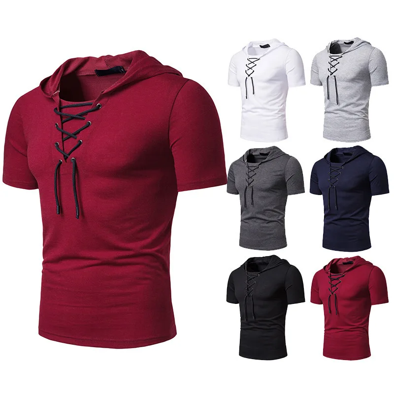 

MEN'S Short-sleeved T-shirt Hooded Ouma Loose-Fit with Drawstring Short Sleeve Men's Popular Brand MEN'S Wear Solid Color D03