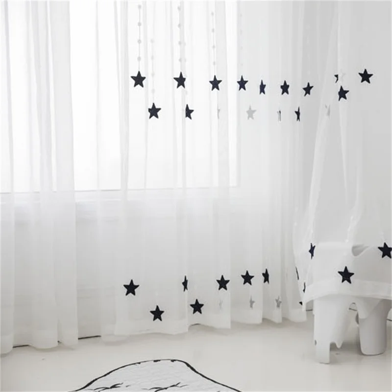 Темно-синие прозрачные Занавески с вышивкой и звездами, белая занавеска для кухни, гостиной, спальни, тюль для оконной панели T233#4