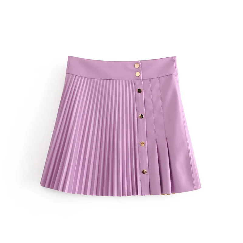 Zevity Women vintage high waist PU Leather pleated mini skirt faldas mujer ladies front buttons casual brand chic skirts QUN689