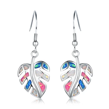 FDLK  Boho Female Rainbow Leaf Drop Earrings Blue White Fake Fire Opal Earrings For Women Vintage Long Dangle Earrings