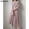 BGTEEVER Elegant Autumn Knitted Pleated Dress V-neck Belted Single-breasted Women Sweater Midi Dress 2022 A-line Vestidos ► Photo 1/6