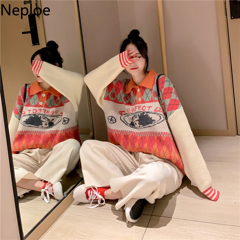 Neploe Loose Crazy Style Retro Knit Letter Print Sweater Turn Down Collar Long Sleeve Button Pullovers Autumn Winter Pull Femme