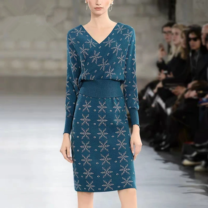 

HAMALIEL Runway Knitted Skirt Suit Autumn Women Snowflake Print Batwing Sleeve Blue Pullover Sweater + Bodycon Pencil Skirt Set