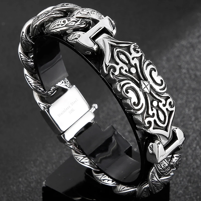 Mens Stainless Steel Bracelet Link Wrist Cross Vintage Silver Black