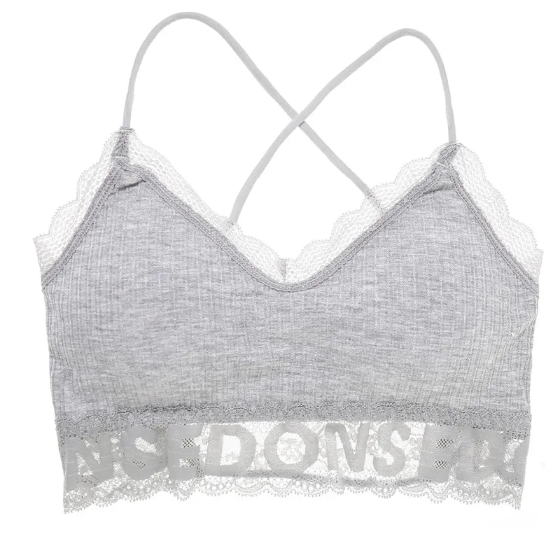 Padded Cotton Bra Sexy Letter Women Wireless Underwear Full Cup Lace Bras For Women Fashion 5 Colors Wire Free Backless Lingerie - Цвет: Gray