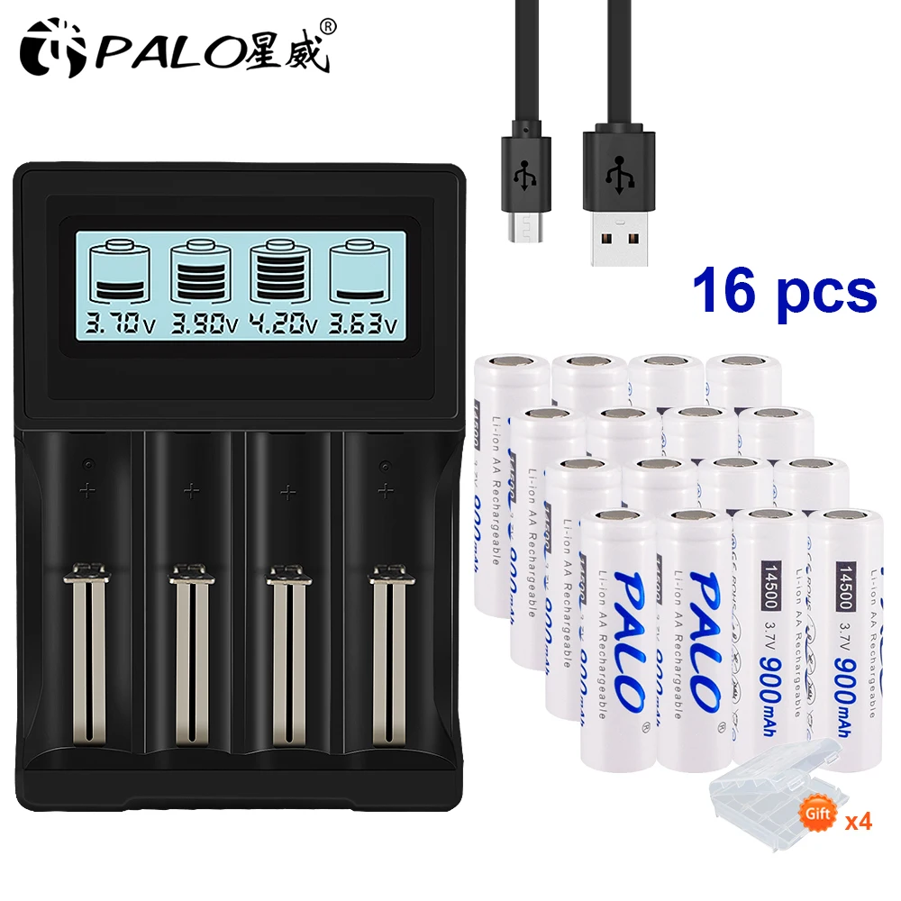 PALO 3.7V 18650 battery charger for 18650 26650 16340 14500 lithium battery+14500 AA Li-Ion Rechargeable Battery - Цвет: 16pcs and charger