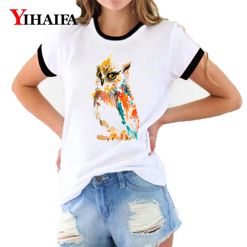

Hipster Women T Shirts 3D Colorful Owl Graphic Tees Animal Print Summer Short Sleeve Casual Hip Hop Ropa Mujer White Tops