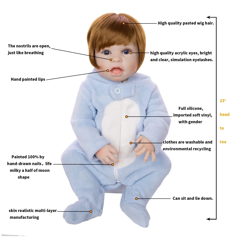 Hot Sale Wig Hair Bebes Reborn Doll 57 cm Full Vinyl Silicone Body Realistic Baby Toy Dolls For Boy Kids Birthday Gift Present