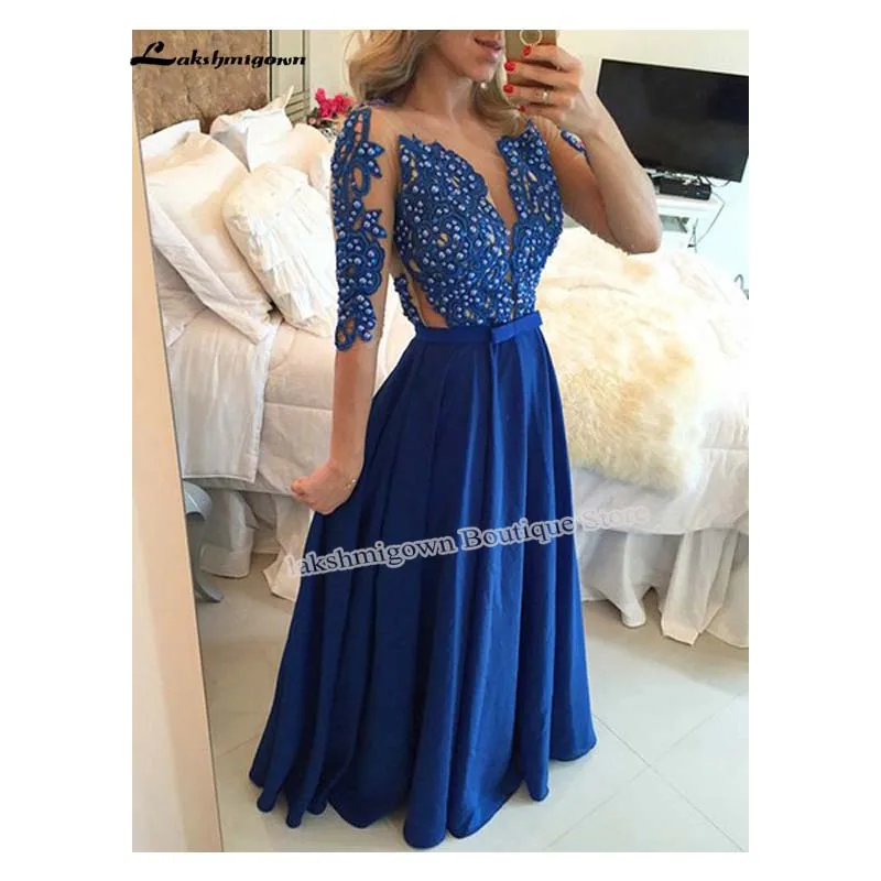 Royal Blue Prom Dresses Sexy Deep V Neck A-Line Lace Appliques Special Occasion Party Gowns vestidos de fiesta largos