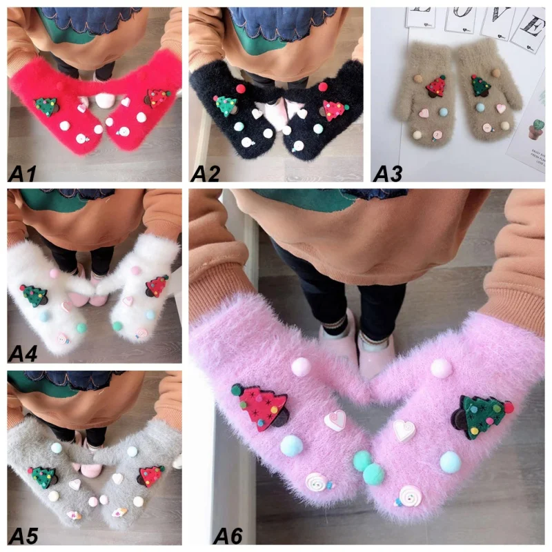 Перчатки для маленьких девочек, От 1 до 7 лет с кроличьим мехом, Зимние Повседневные теплые перчатки с милым рисунком для малышей, Детские митенки для пальцев, 6 цветов
