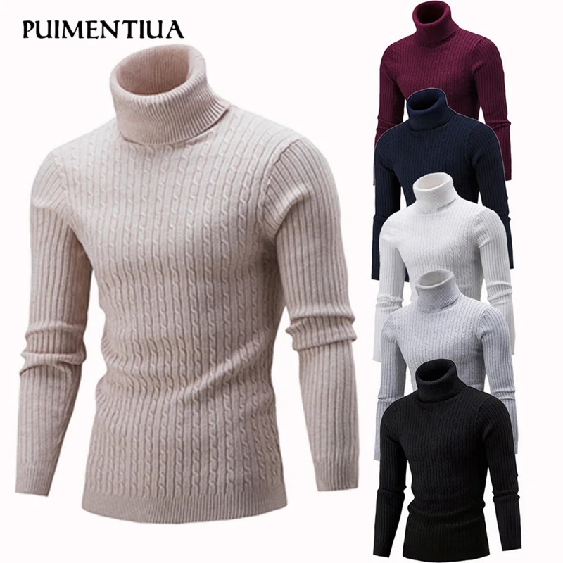 

Puimentiua 2019 New Men's High Neck Sweater Solid Simple Slim Fit Hedging Turtleneck Knitted Long Sleeves Pullover Top Males