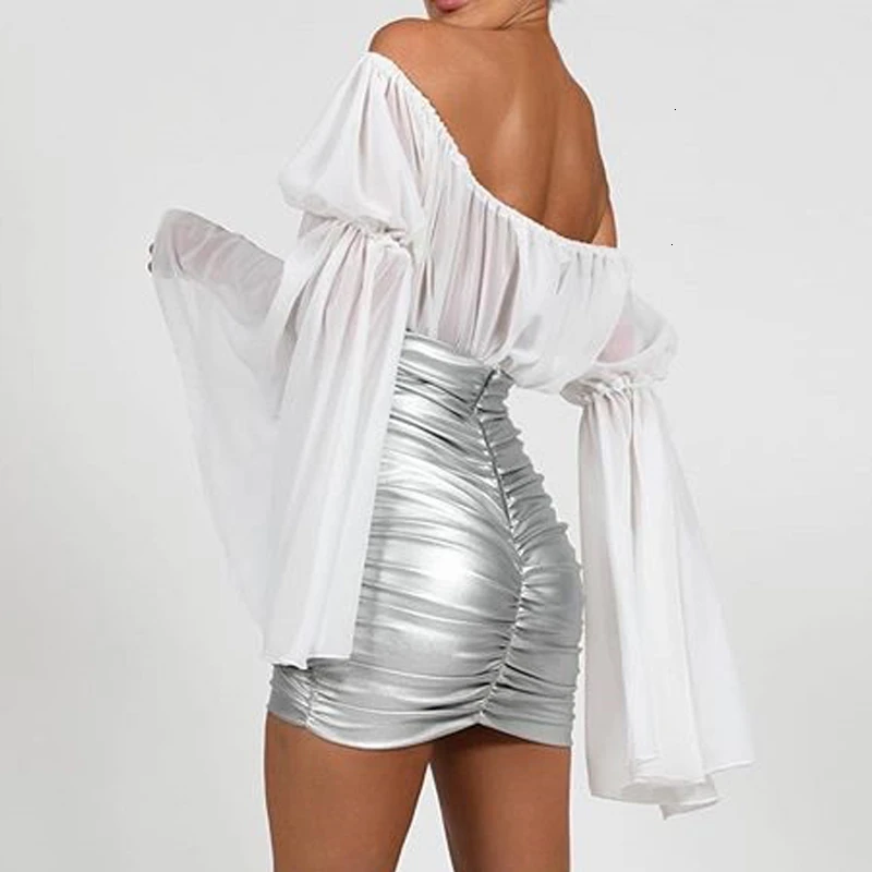 Осеннее шифоновое ПУ лоскутное белое сексуальное платье для женщин с расклешенными рукавами и открытыми плечами элегантное мини-платье Клубные облегающие Вечерние платья Vestido