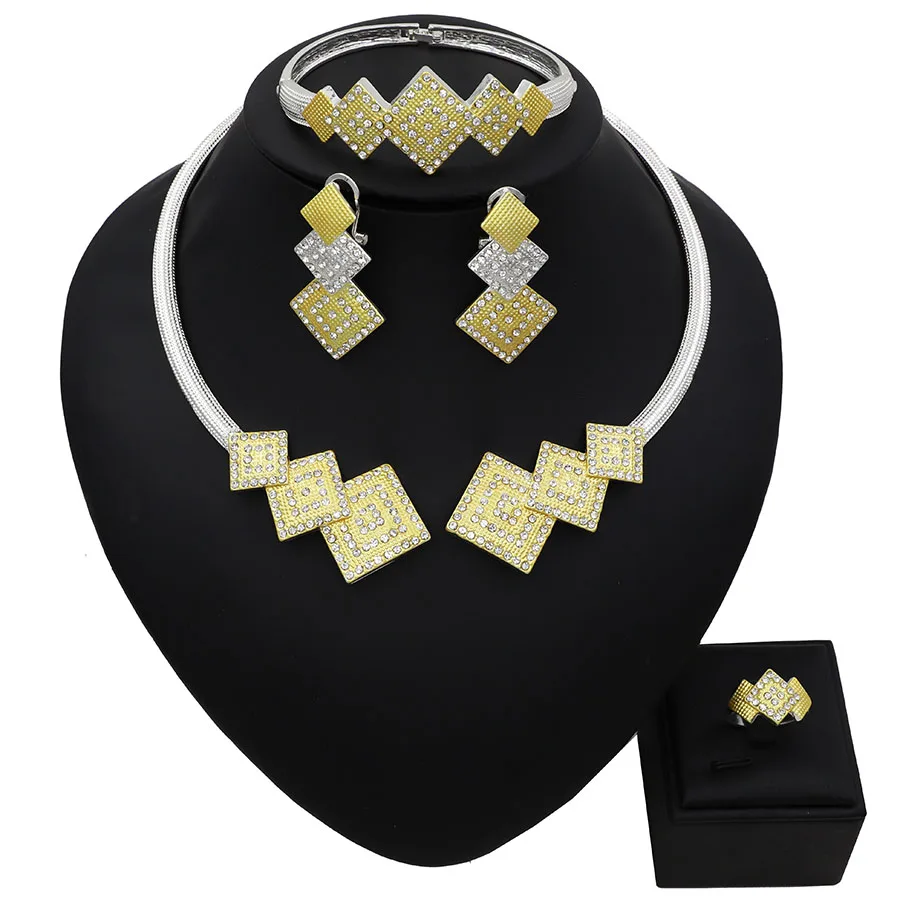 

TSROUND Square Pattern Necklace Bijoux Acier Inoxydable Femme Nigerian Bridal 4pc Jewelry Set for Gift
