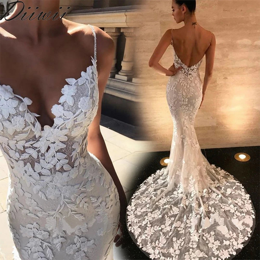 Boho Wedding Dresses Mermaid Bridal Dress 2022 Spaghetti Straps Backless Lace Appliques Beach Bride Gowns Vestido De Noiva wedding dress for women