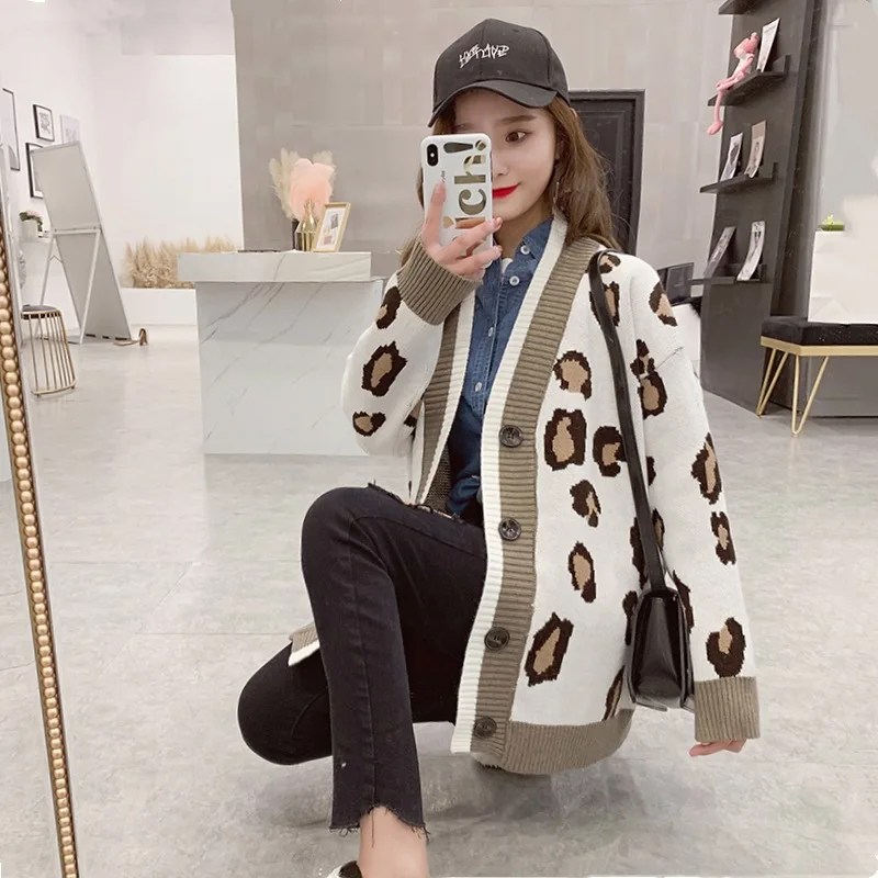 

DANJEANER V-neck Lazy Style Leopard Long Cardigan 2019 Autumn Winter Loose Knit Sweater Female Warm Single Breasted Jackets