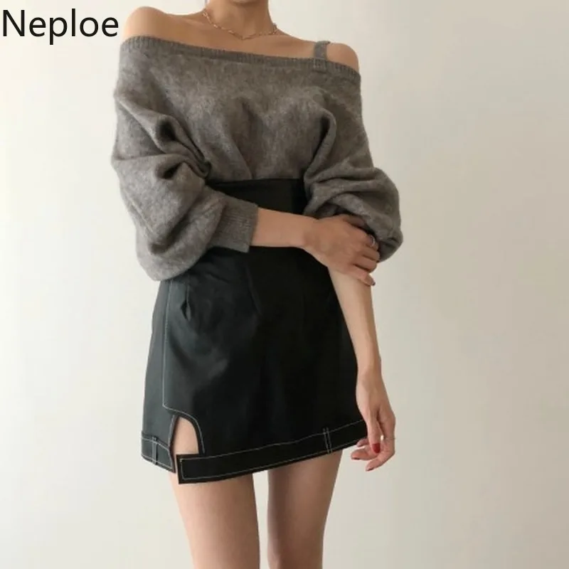 Neploe, корейский, шикарный, сексуальный, без бретелек, пуловер, свитер, женский, с вырезом лодочкой, с длинным рукавом, Pull Femme Hiver, свободный, Sueter 47806