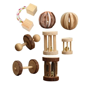 

8Pcs Cute Natural Wooden Pine Dumbells Unicycle Bell Roller Chew Toys For Guinea Pigs Rat Small Pet Molars Supplies
