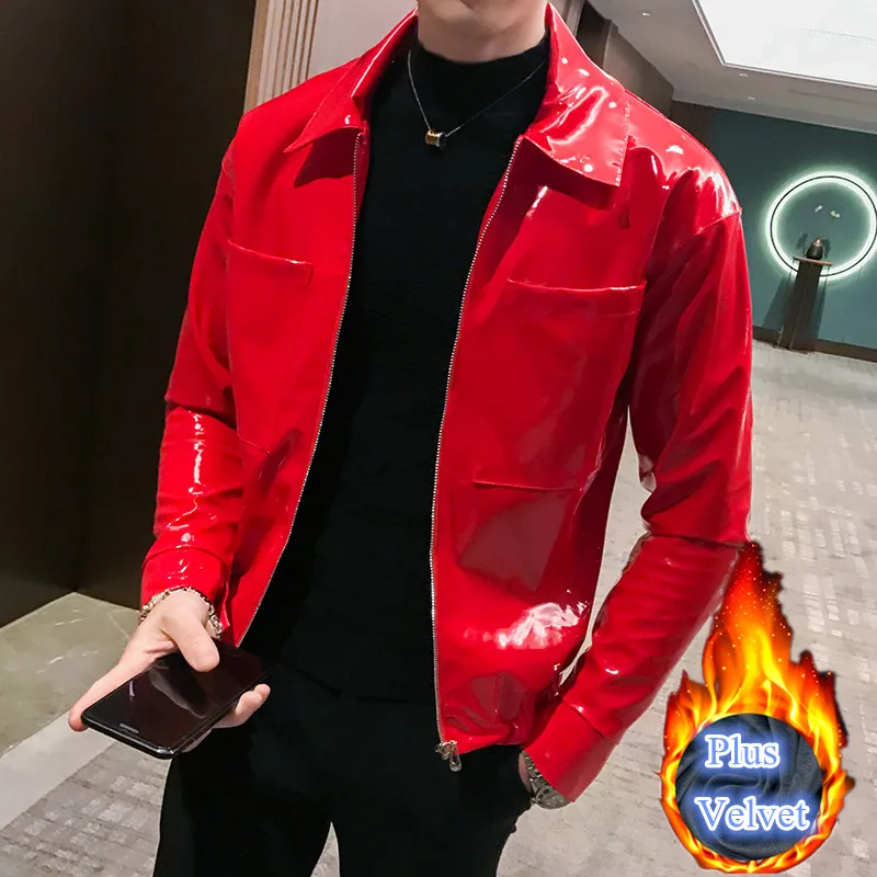 Red Plus Velvet Красная, черная, кофейная кожаная куртка, блестящие мужские куртки и пальто, Jaqueta Masculino, сценическая одежда для певца, Клубные вечерние мужские куртки - Цвет: Red Plus Velvet