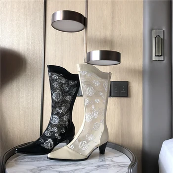 

INS Luxury Women 2020 Designer Beige Embroid High Heels Long Boots Lace Air Mesh Flower Knee Heels Boots Party Shoes Botas Mujer