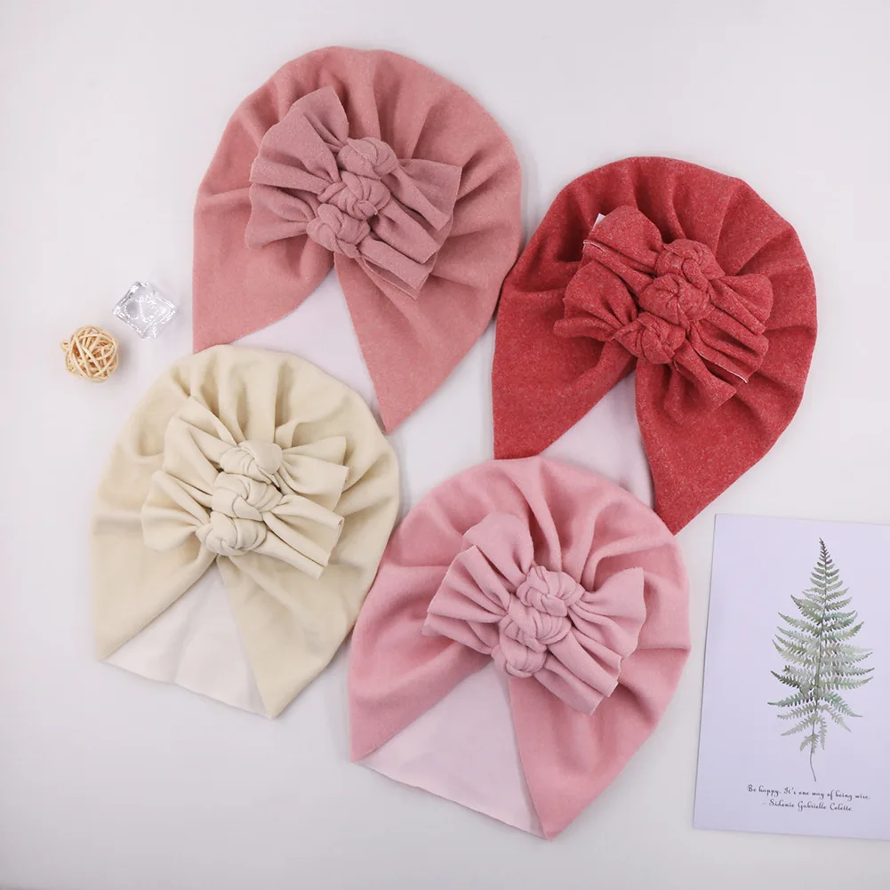 

2021 New Baby Headwraps Bowknot Pullover Hat Imitation Cashmere Fold Bows Turban Hats Children's Indian Hat Newborn Beanie Caps