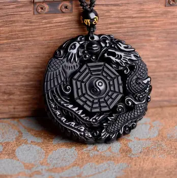 

about 45mm 2020 Natural Black Obsidian Hand Carved Chinese Dragon Phoenix BaGua Lucky Amulet Pendant Necklace certificate