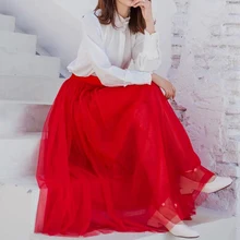 Весна, Осень, Зима, красная удлиненная сетчатая юбка, офисная, женская, винтажная, расширенная, для пляжа, путешествий, высокая, уличная, эластичная талия, базовые юбки