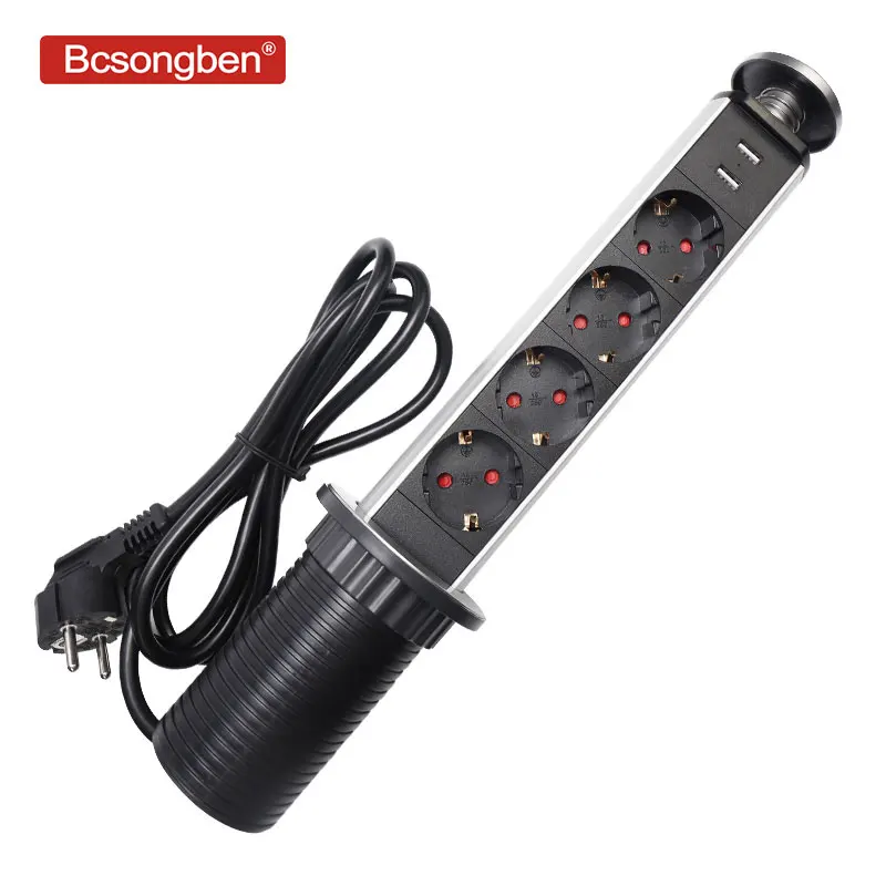 

Bcsongben PULL Table socket POP UP 4 Power Socket 2 USB Charging Port Desktop 16A Sockets Hidden Kitchen Table Worktop EU Plug