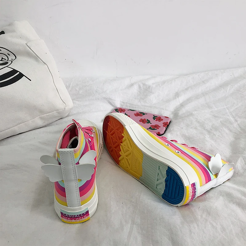 Womens Round Toe Angel Rainbow Colors Sneakers Skateboard Lace Up Platform Shoes High Top Korean Style Girls Preppy Cute A1545