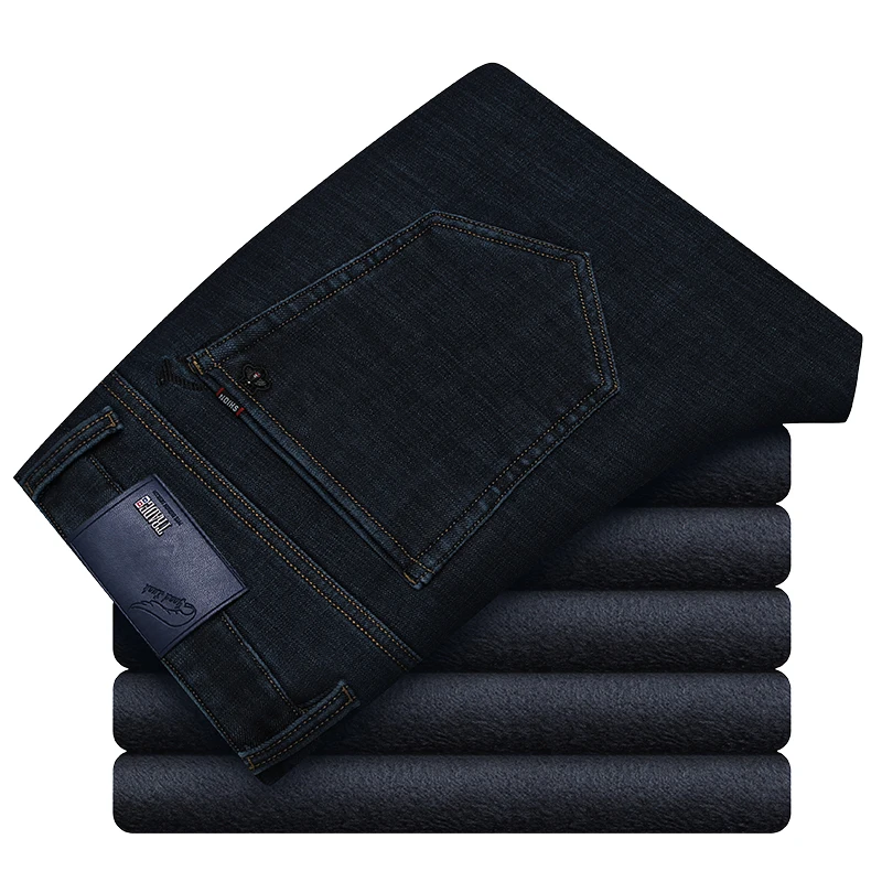 Goede Xuansheng Plus Fluwelen Jeans 2019 Black New Classic Merk Straight Stretch Fleece Warm Wijde Pijpen Broek Lange Broek Streetwear Jeans