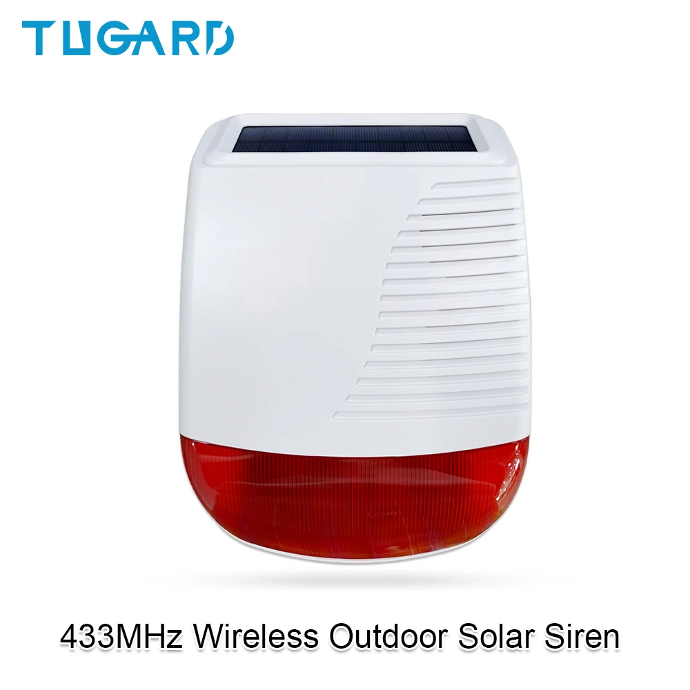 Tugard 433MHz inalámbrico al aire libre Solar sirena luz Flash luz estroboscópica sirena de alarma a prueba de agua para la casa antirrobo de seguridad sistema de alarma WiFi