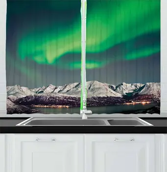 

Nature Kitchen Window Curtains Aurora Above Fjords Nordic Aurora Borealis Sky Arctic Solar Scenery Window for Kitchen Cafe Decor