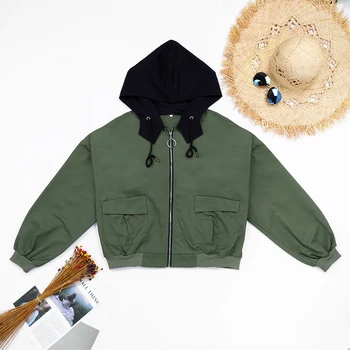 

Autumn Winter Women Short Hoodies Army Green Jacket Zipper Long Sleeve Pockets Drawstring Military Hooded Coats Crop Sweatshirt
