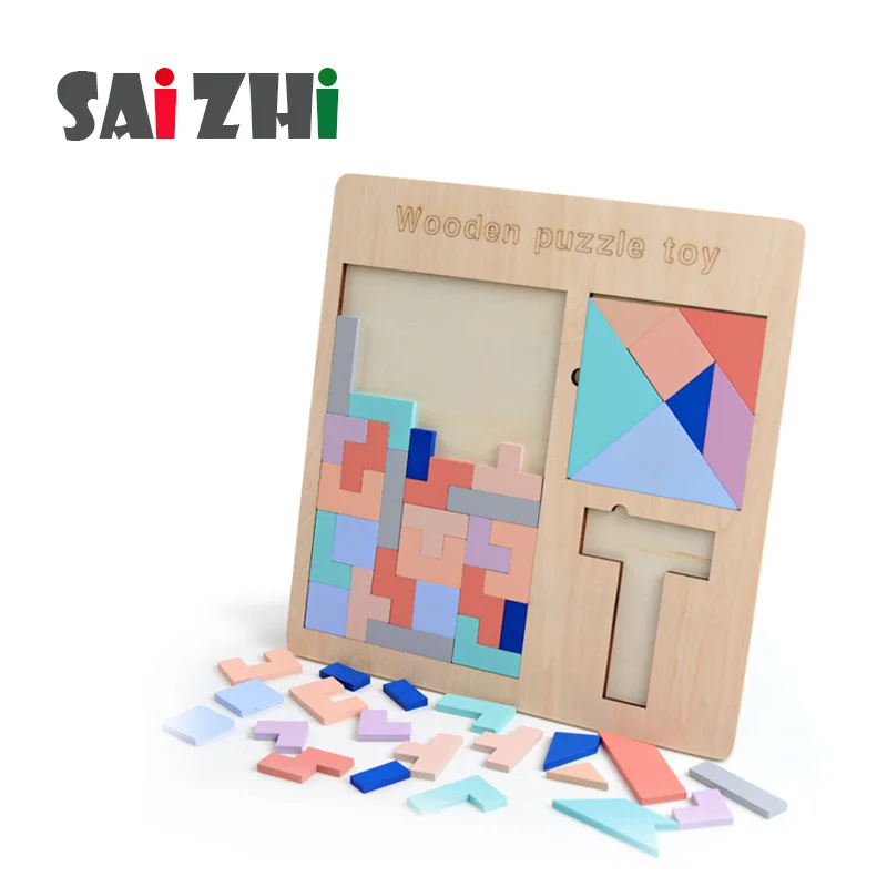 Saizhi 3 в 1 Деревянный Tangram головоломка игрушки тетрис игра дошкольного волшебства интеллектуальная развивающая детская игрушка SZ3021