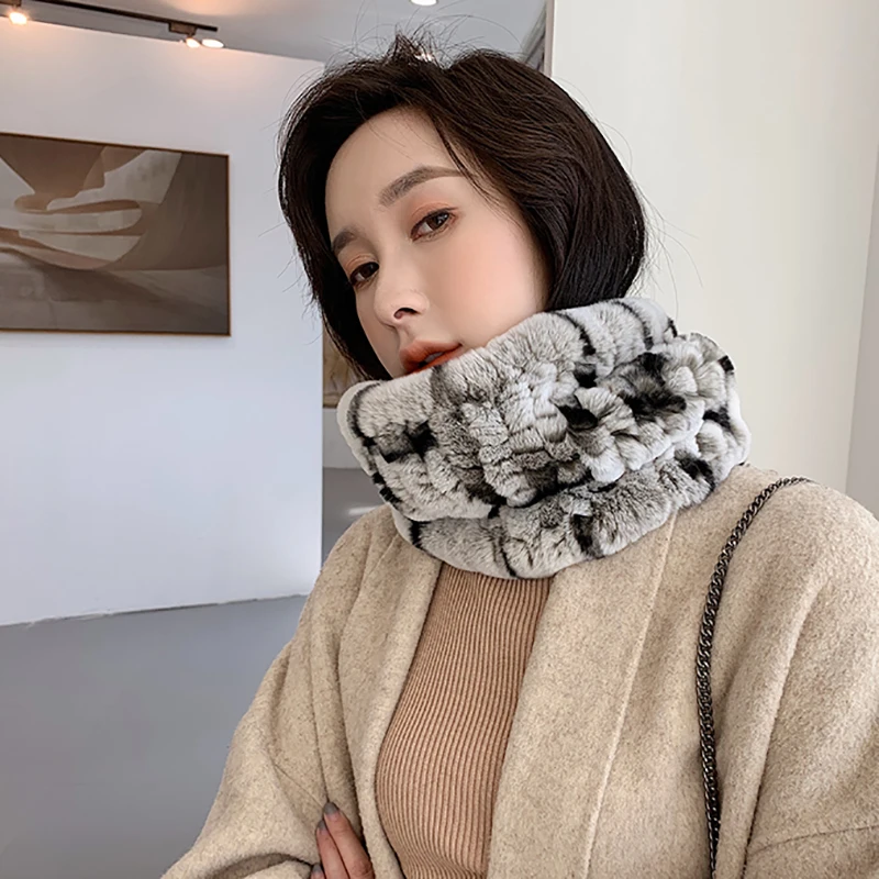 

YCFUR Real Fur Ring Scarf for Women Quality Furry Rex Rabbit Fur Scarves Shawls Female Super Elastic Scarf Cape Winter