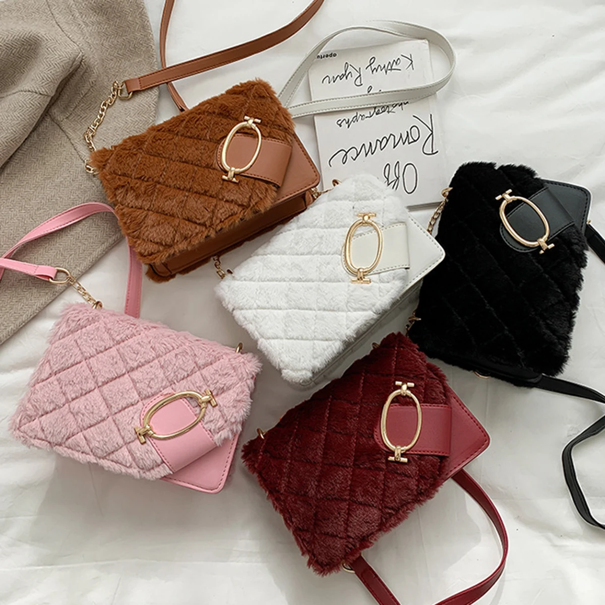 Sac ?� main en fausse fourrure pour femmes, ?�l?�gant, de luxe, fermeture ?�clair, ceinture cha?�ne 