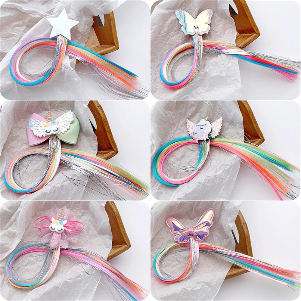 Colorful Bowtie Hair Clips for Girls Rainbow Glitter Wings Hair Bows Unicorn Princess Kids Long Wig 2
