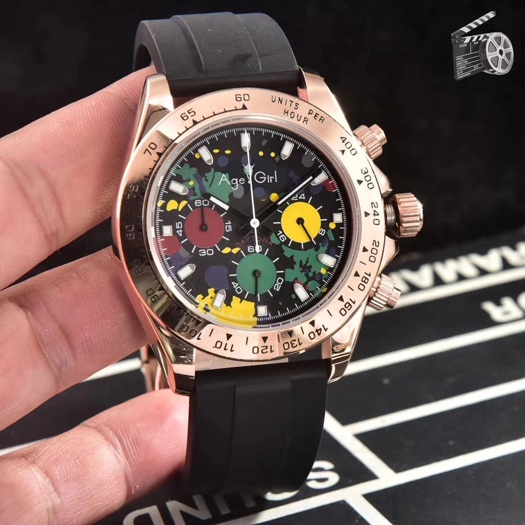 

Luxury Brand New Japanese Silver Rose Gold Black Rubber Stainless Steel Men Watches Chronograph Sapphire Ceramic Bezel Baguette