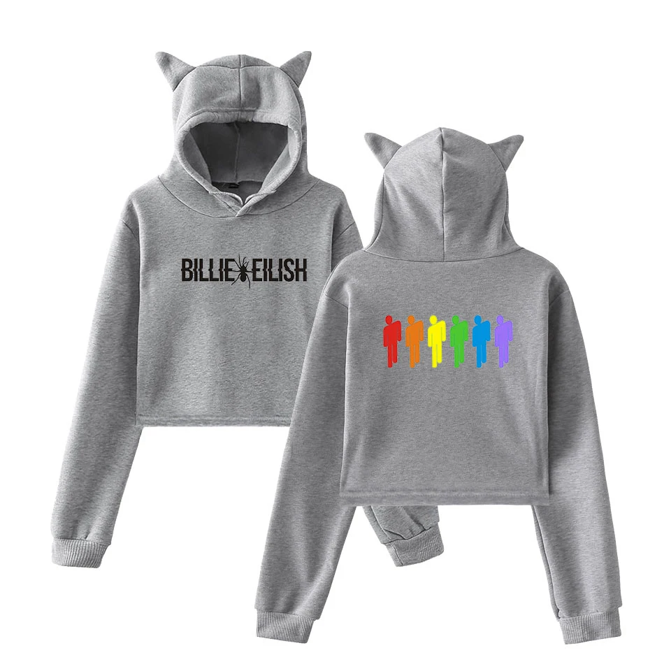 Уличная одежда Billie Eilish модный тренд с кошачьими ушками укороченный топ женские осенние толстовки сексуальные Kpop Harajuku Kawaii милые короткие толстовки
