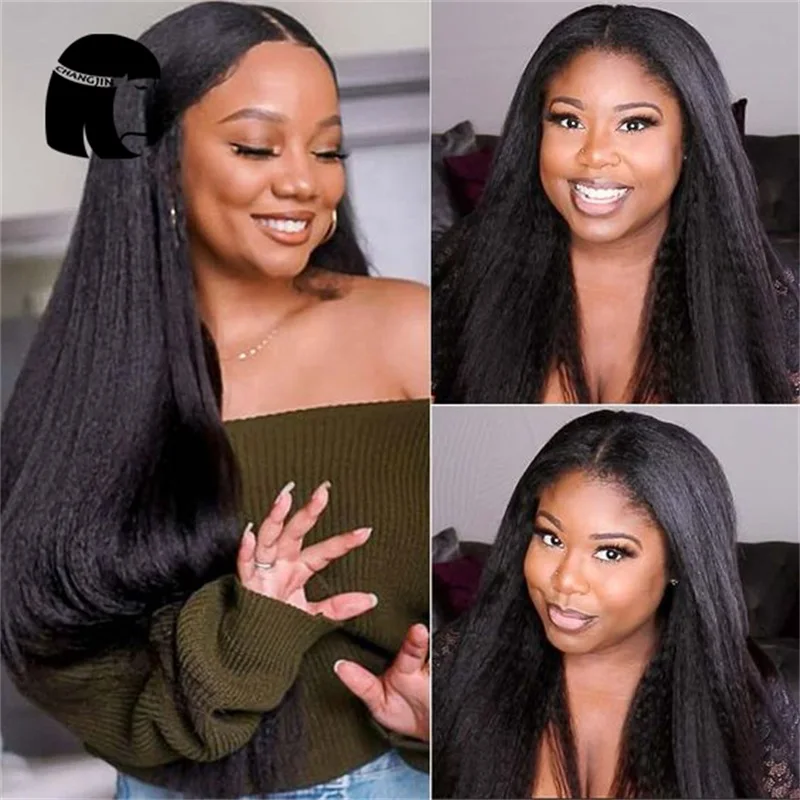 Chang Jin Natural Color Yaki Straight V Part Lace Wigs Pre Plucked Remy Hair Lace Human Hair Wigs Black Color For Women