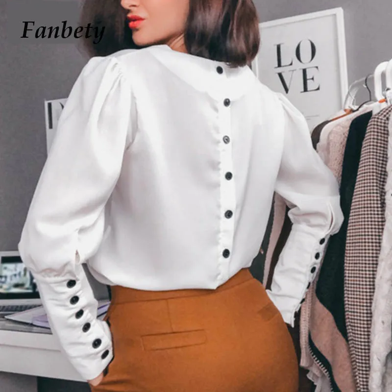 

Women Spring V Neck Blouse Shirts Office Lady Back Metal Buttons pullover tops Women puff Long Sleeve Blusa Tops dropshipping