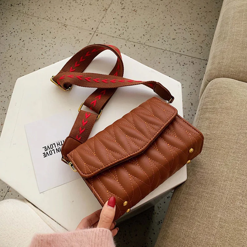 

Fashion Embroidery Thread Small Flap Bag Women Wide Strap Shoulder Bags Luxury Leather Women Handbags 2019 Female Messenger Bag