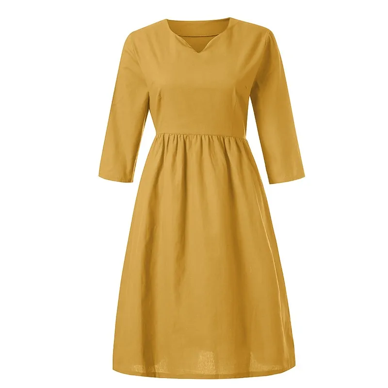 New Fall Casual Dress For Women Cotton Linen V Neck Three Quarter Sleeve Yellow Midi Dresses Female Plus Size 5XL Vestidos