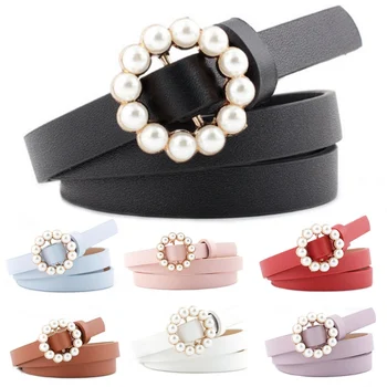

Fashion Belts For Women Casual Sweet Long Round Pearl Buckle Decorative Thin PU Leather Belt Waistband
